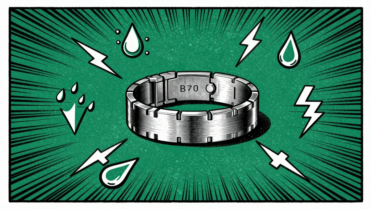 Durable titanium medical alert band surrounded by elemental icons.