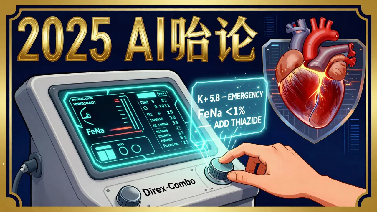 Futuristic Art Deco AI dashboard monitoring diuretic effects with real-time electrolyte alerts and biomarker data.