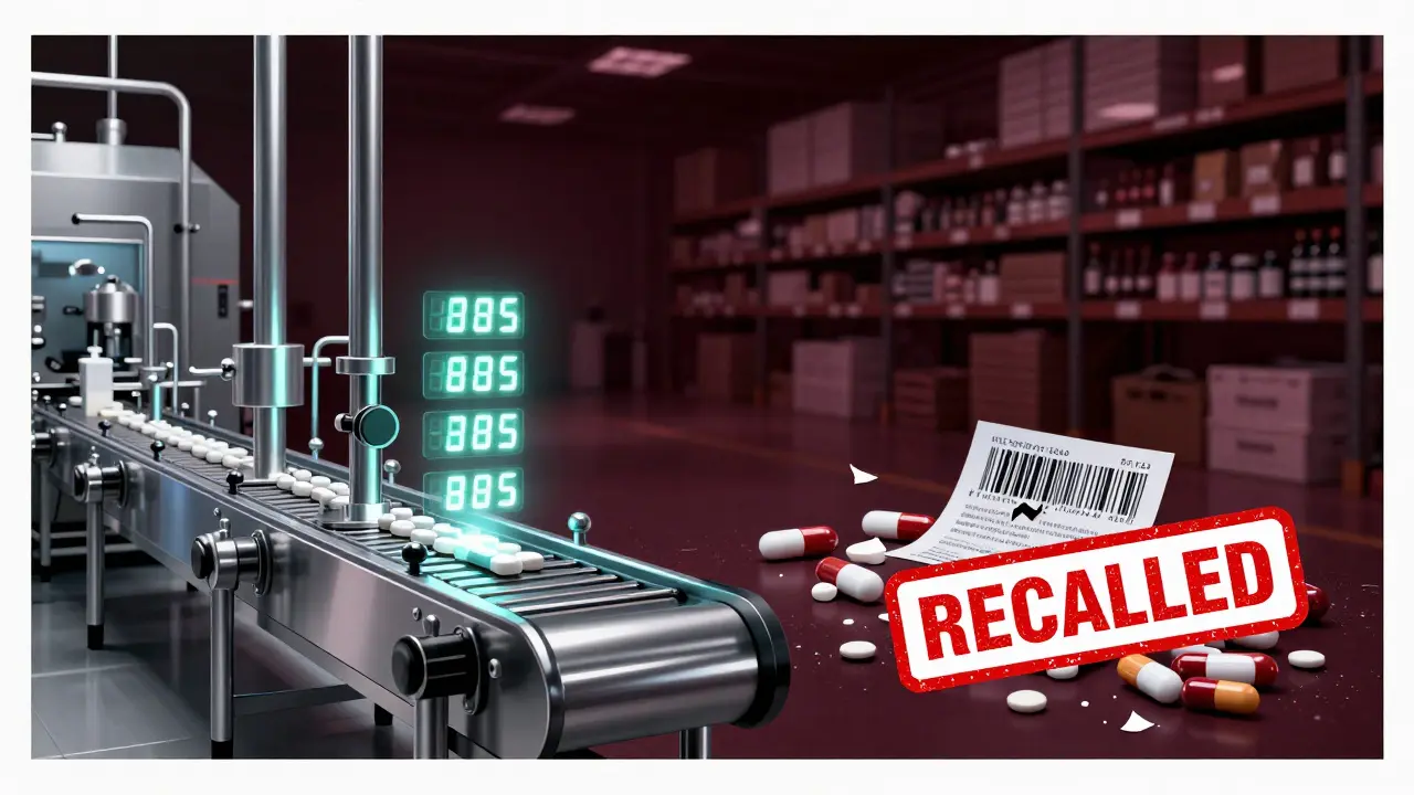 Left side: clean factory with digital lot codes; right side: chaotic warehouse with fake drugs and red recall stamp.