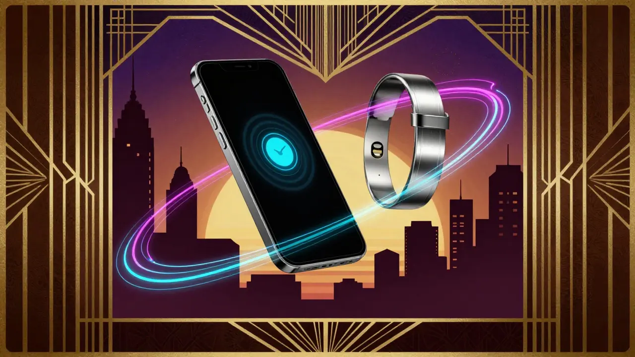 Medical bracelet connected to smartphone technology art deco concept