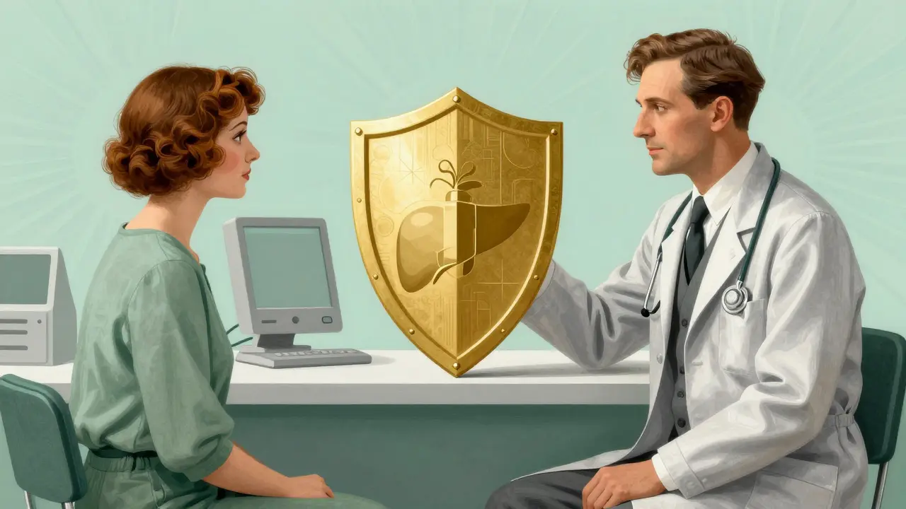 Retro poster of doctor giving protective shield to patient.