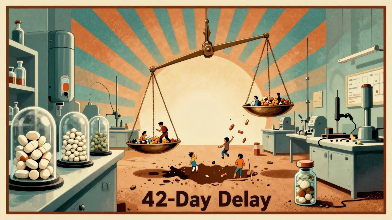 Split scene: clean U.S. lab vs. contaminated foreign factory, with a tipping scale and patients falling into a delay pit, Art Deco style.