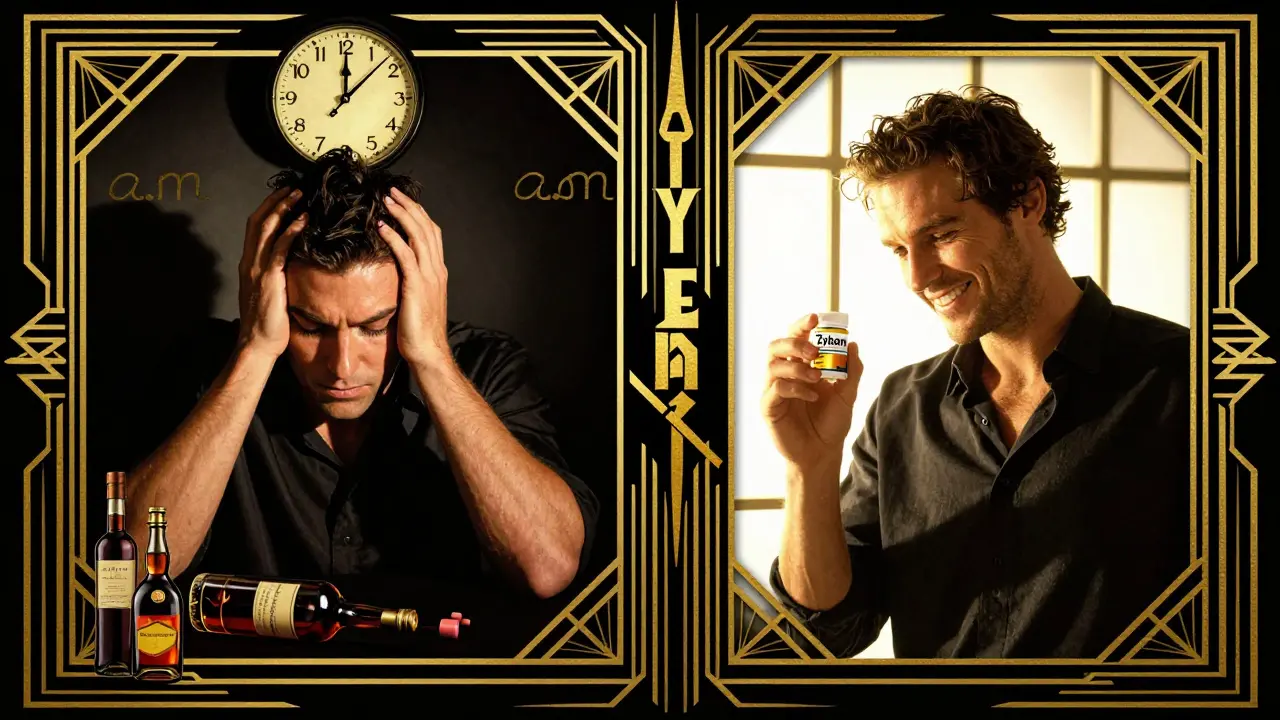 Split scene: one side shows insomnia and alcohol warnings, the other shows hope and a bupropion pill under sunlight, rendered in Art Deco aesthetics.