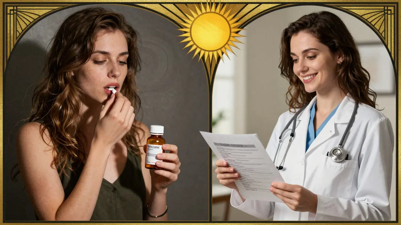 Split scene: risky OTC pill vs. safe consultation with doctor, Art Deco design