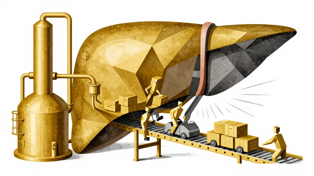 Stylized factory art showing blocked enzyme pathways in liver.