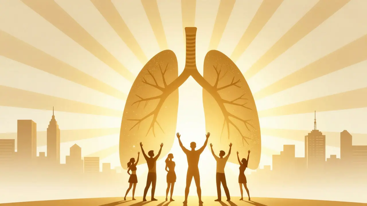 Stylized sunburst rising over a city outline suggesting recovery and new hope.