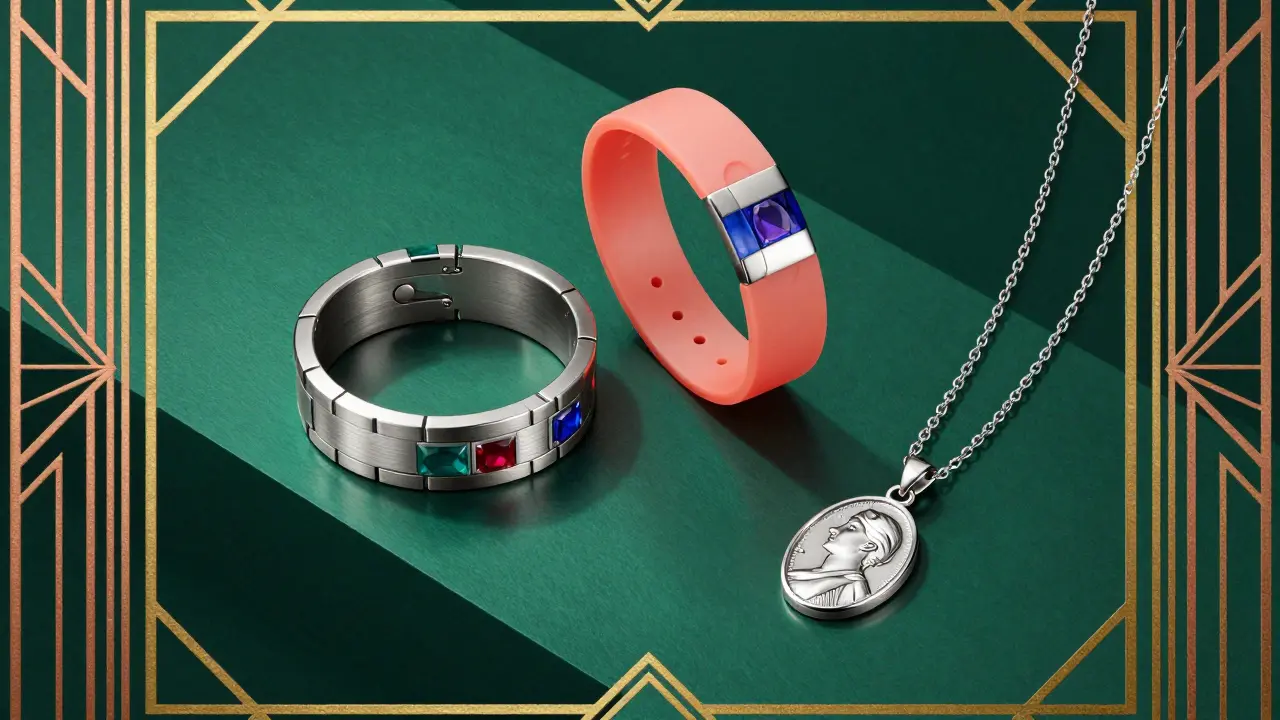 Three medical jewelry types displayed on dark surface art deco illustration