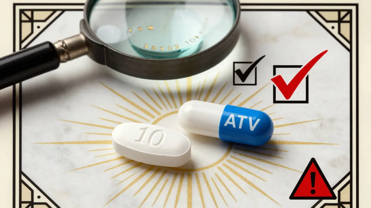 Two differently shaped pills with stamped numbers under a magnifying glass, surrounded by geometric warning symbols.