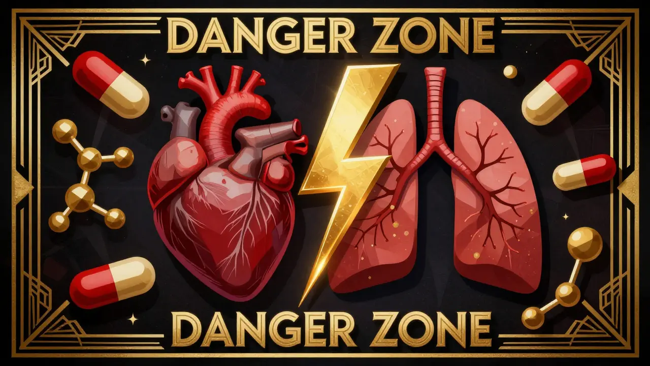 Art Deco conceptual art showing a clash between a heart and lungs with a red and gold color palette