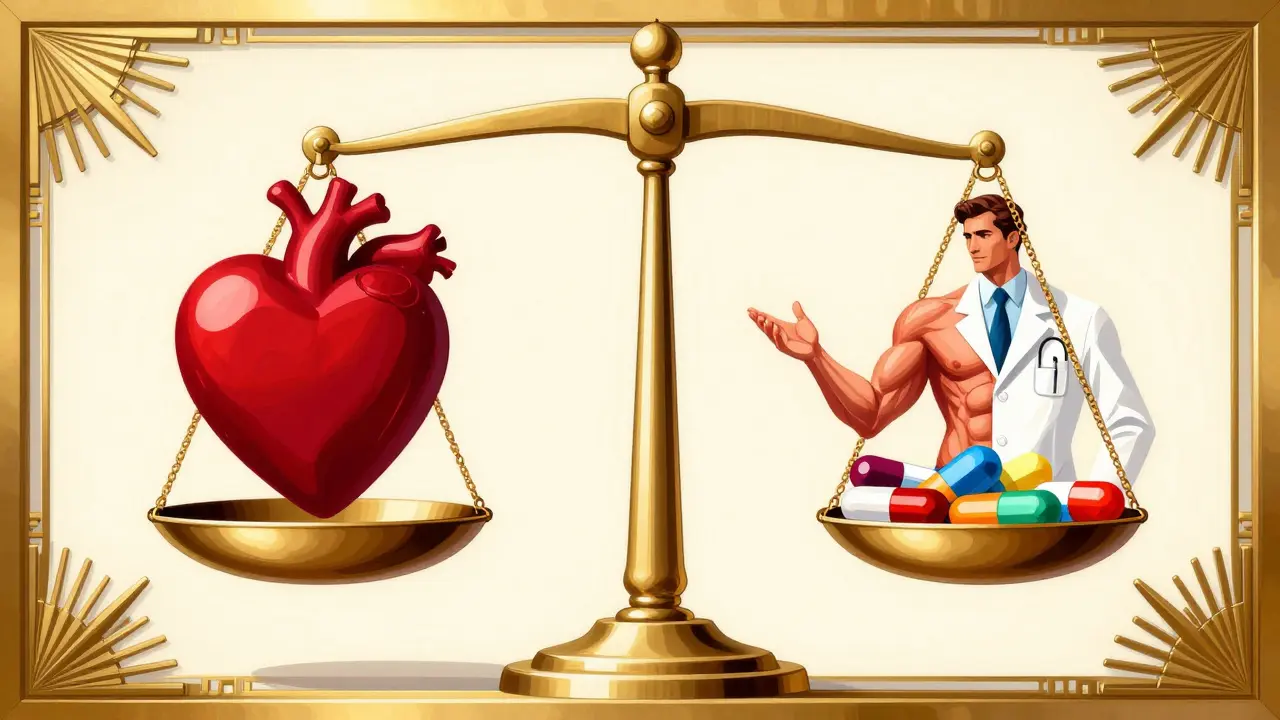 Art Deco graphic of a heart and muscle balance with a doctor and medication