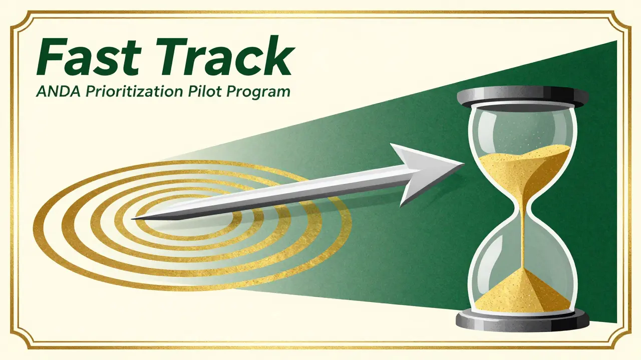 Art Deco graphic of a streamlined silver arrow and hourglass symbolizing fast drug approval.