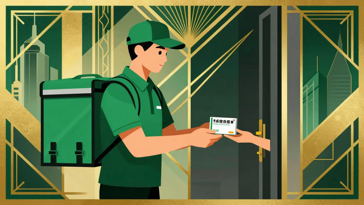 Art Deco illustration of a courier delivering a pharmacy package to a home