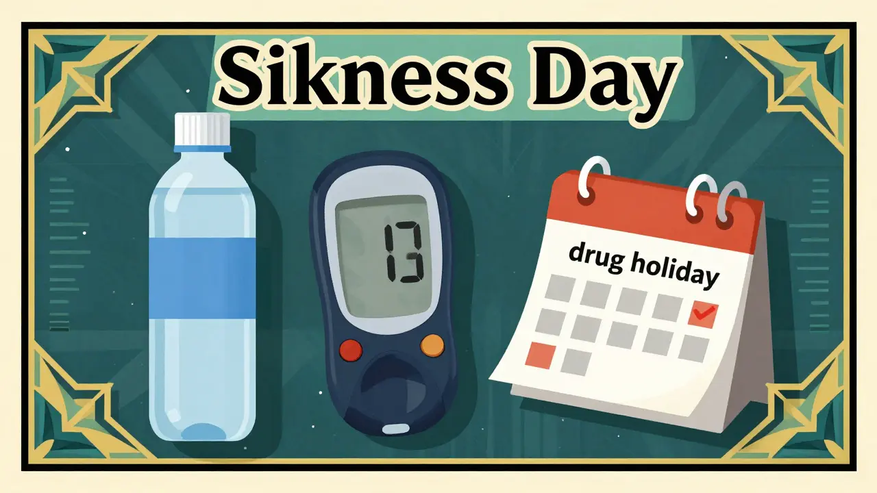 Art Deco illustration of a medical kit with a ketone meter and a health planning calendar