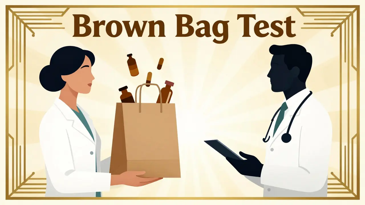 Art Deco illustration of a medicine bag and silhouettes of healthcare providers in a gold and cream setting