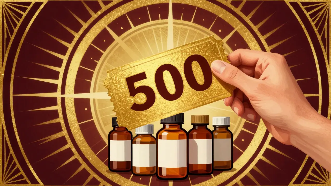Art Deco image of a gold discount coupon over medication bottles