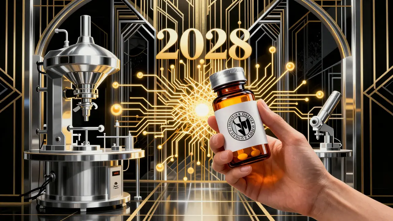 Art Deco vision of a futuristic US lab with gold AI circuitry and a medicine bottle.