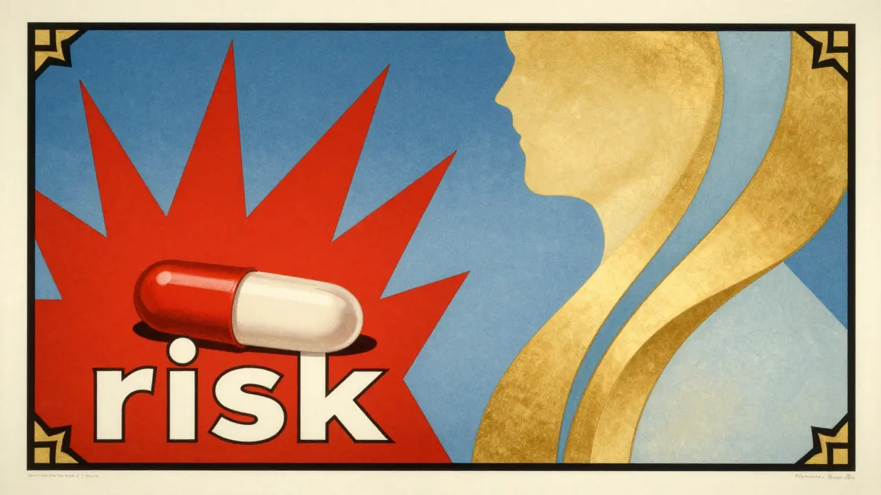 Conceptual Art Deco graphic showing risk versus safety in medication