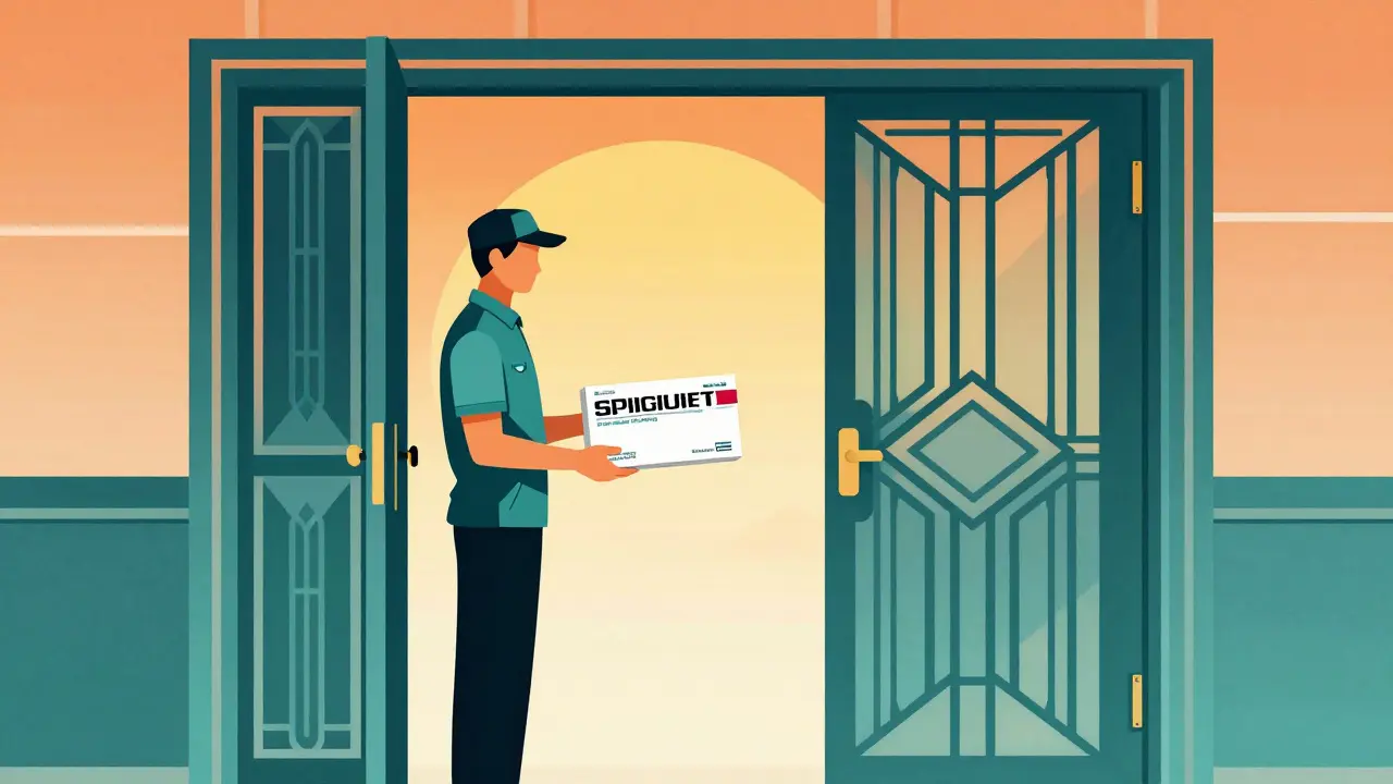 Delivery of a pharmacy package to a home in Art Deco advertising style