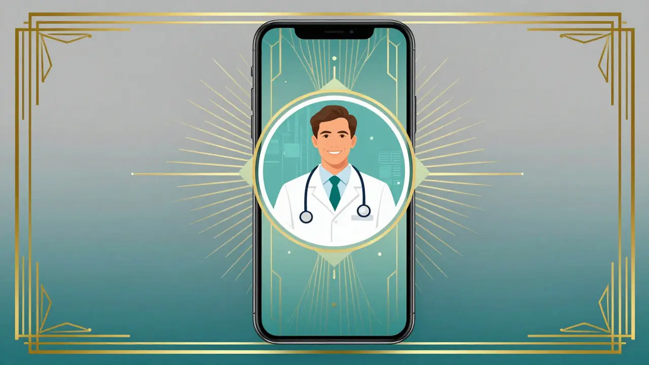 Digital doctor on a smartphone screen with elegant Art Deco geometric patterns