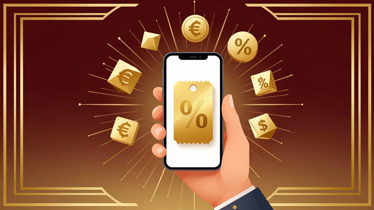 Elegant hand holding a phone with a golden discount token in Art Deco advertising style.