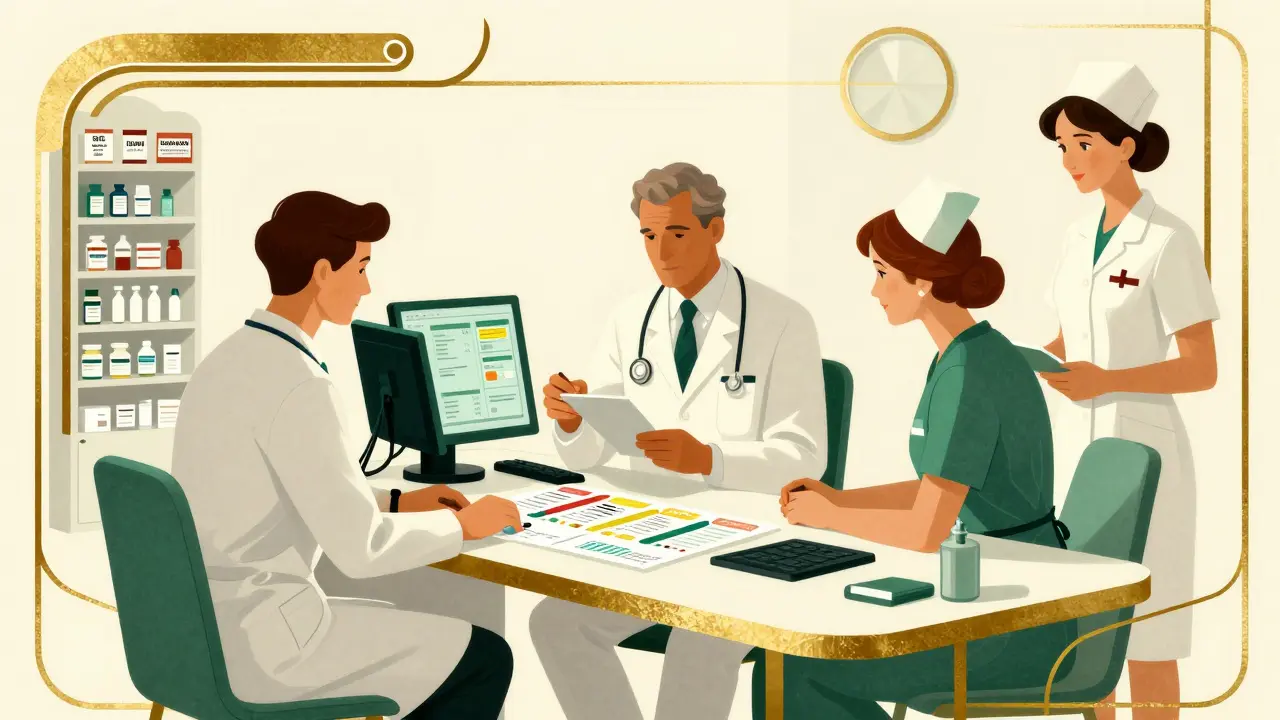 Healthcare professionals planning medication safety standards in Art Deco style