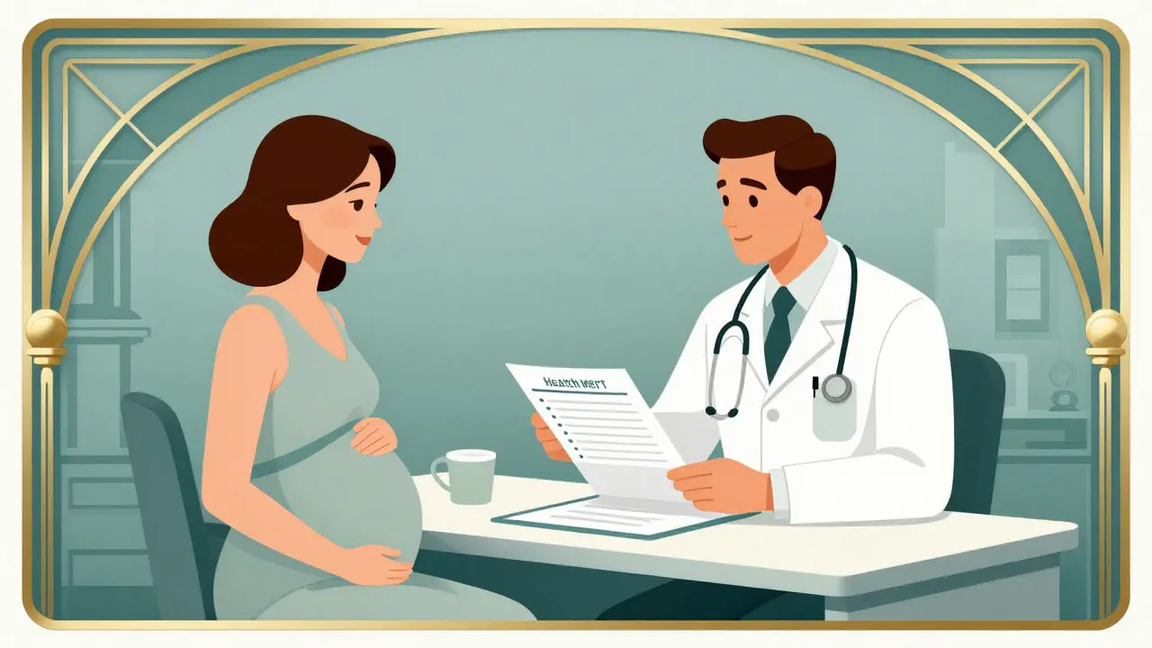 Pregnant woman consulting with a doctor in a streamlined Art Deco setting