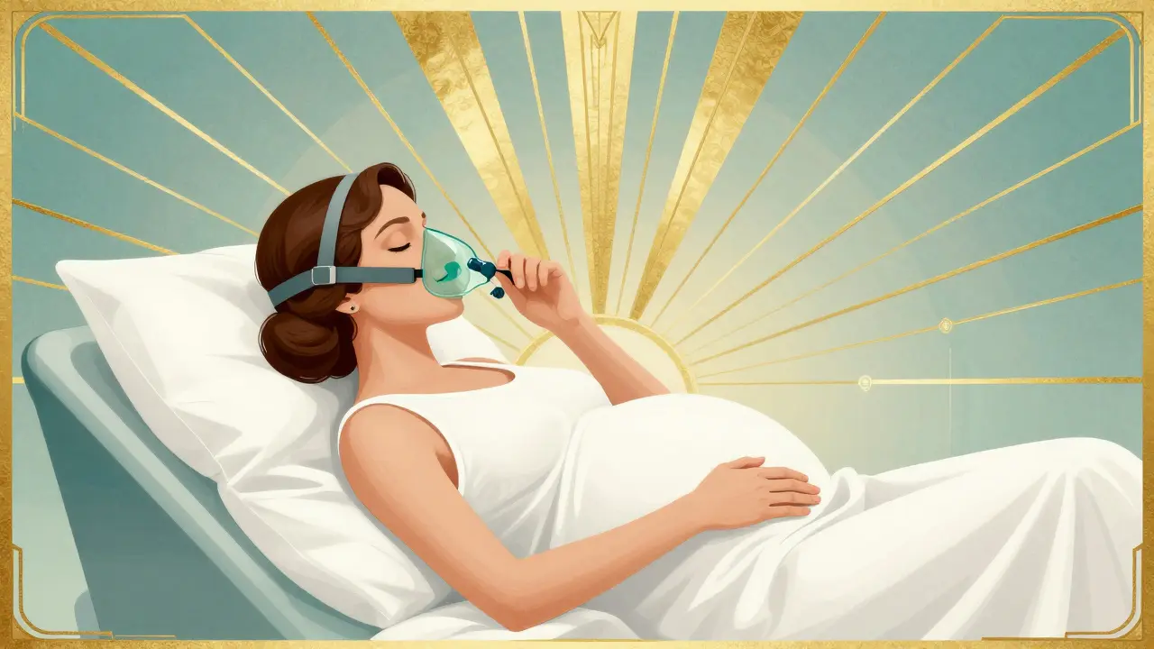 Pregnant woman using a CPAP machine in a streamlined Art Deco style.