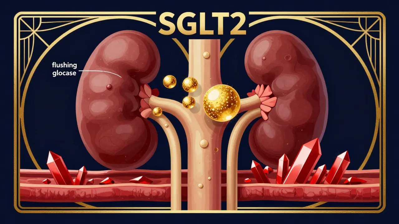 Stylized Art Deco diagram of glucose leaving the kidney and ketones forming in the blood