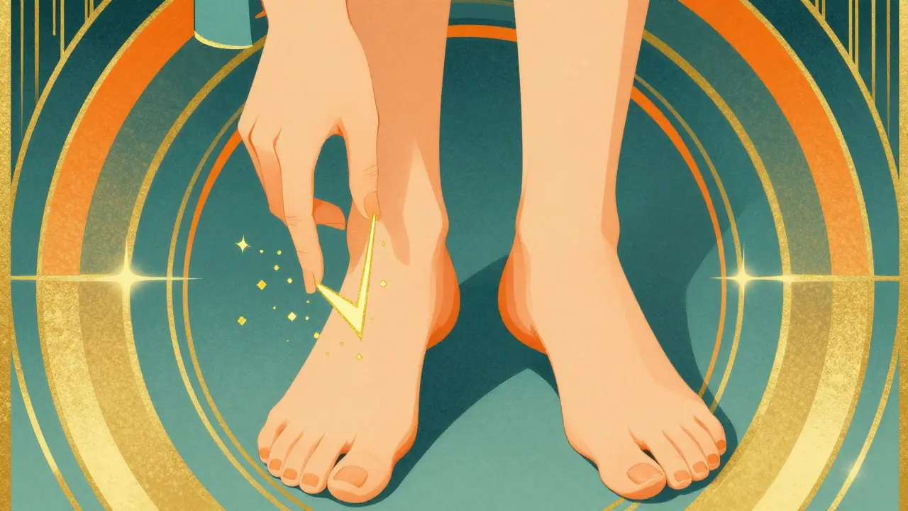 Stylized Art Deco image of hands and feet with tingling sparks indicating neuropathy