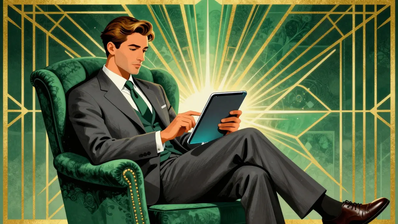 Stylized man using a tablet for a virtual doctor visit in an Art Deco setting.