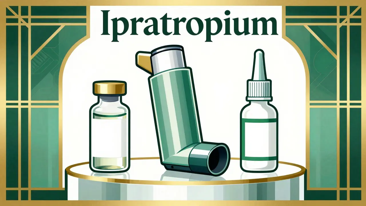 Symmetrical arrangement of an inhaler, vial, and nasal spray in Art Deco advertising style