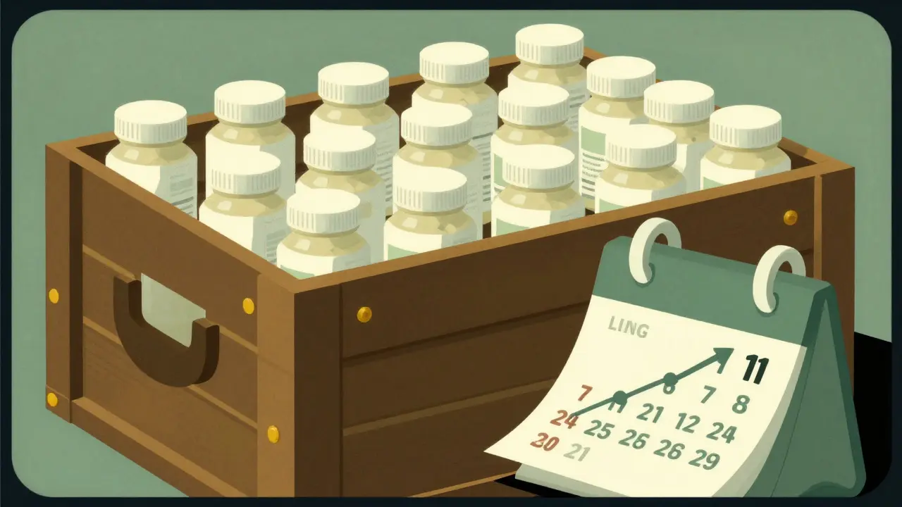 Art Deco illustration of a crate full of pills representing bulk savings