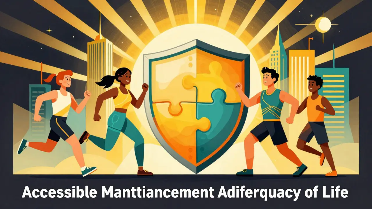 Art Deco poster style image of healthy people protected by a shield, representing affordable healthcare benefits.