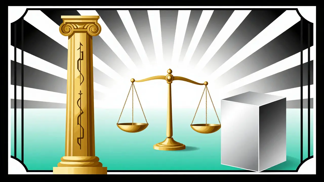 Art Deco scale balancing luxury brand against affordable generic meds