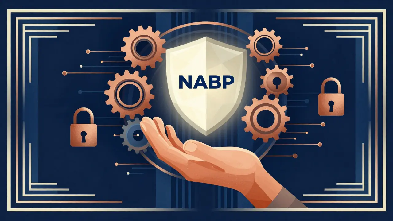 Art Deco style graphic of a hand touching a security shield for safe online pharmacy