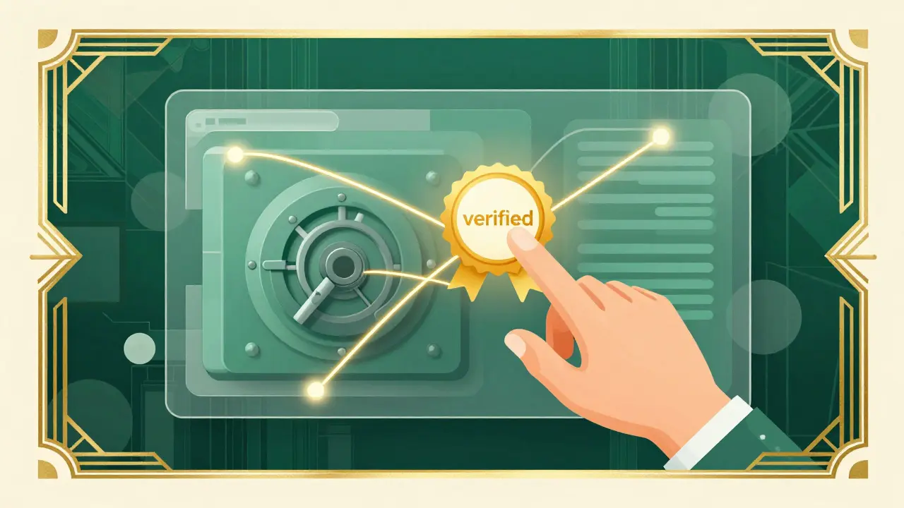 Art Deco style graphic showing a secure digital connection and verification seal for online pharmacies