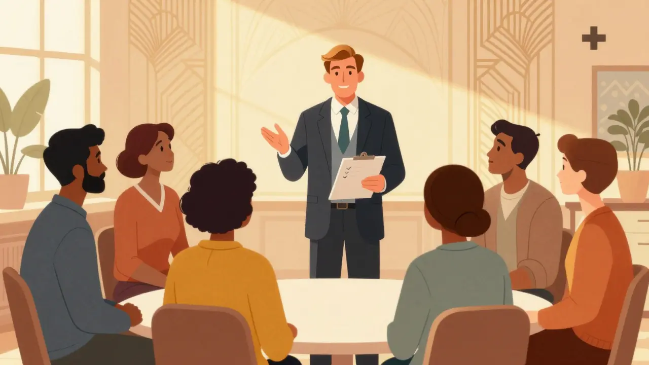 Art Deco style group therapy session with a pharmacist guiding patients