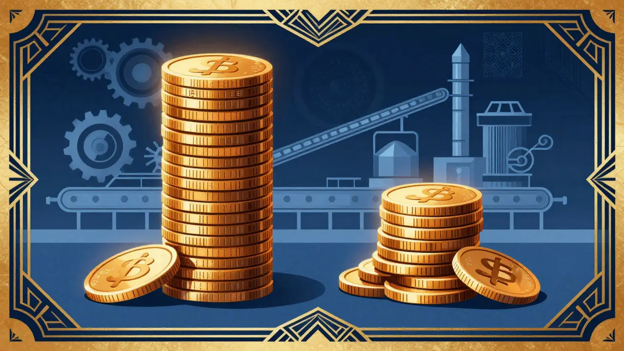 Comparison of coin stacks representing drug costs in Art Deco