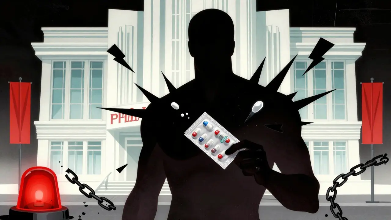 Dark art deco warning image showing fake pills vs safe pharmacy