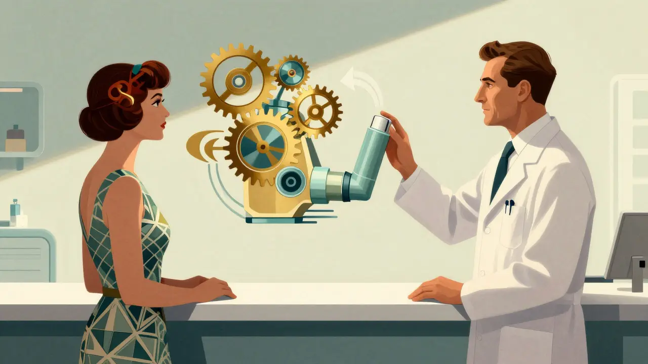 Doctor explaining inhaler technique to a patient