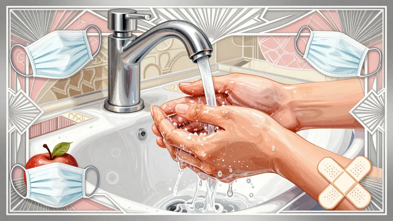 Elegant Art Deco graphic depicting hand hygiene and safety precautions for health protection.