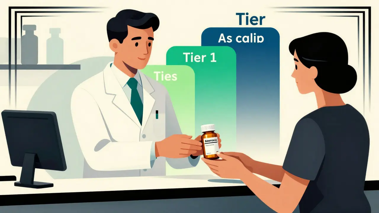 Pharmacist handing generic pills in an Art Deco pharmacy setting