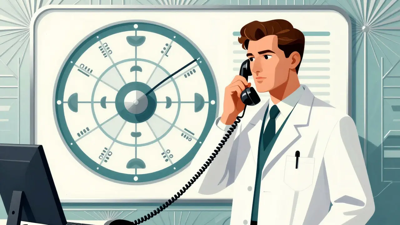 Poison control specialist giving advice over phone in Art Deco style