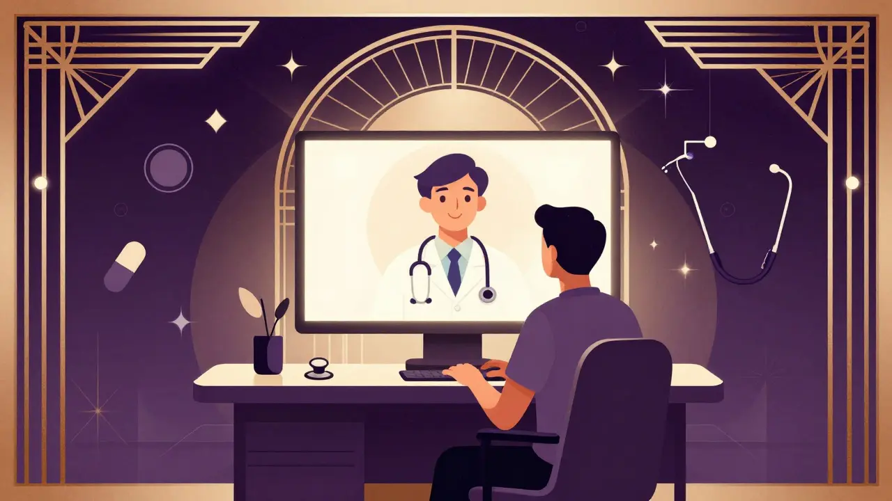 Stylized Art Deco illustration of secure online telehealth visit