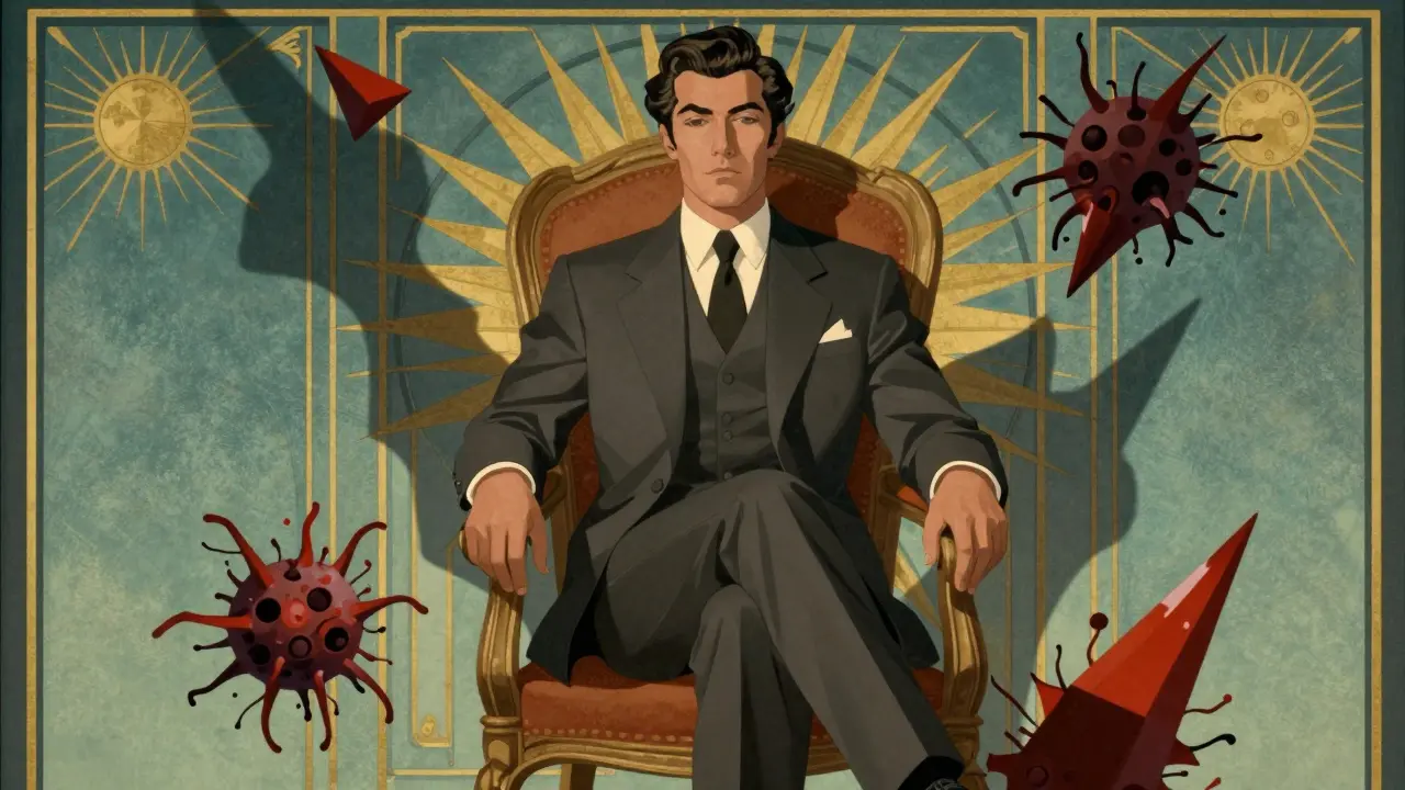 Stylized Art Deco image showing hidden pathogen shadows lurking near a calm patient.