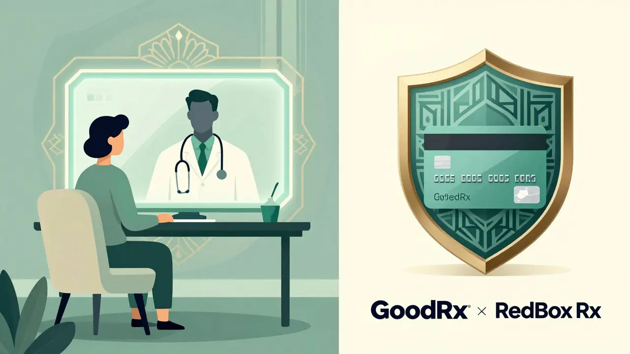 Stylized graphic of telehealth consult and secure payment shield