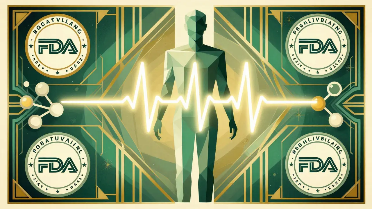Stylized human figure with heartbeat and regulatory symbols