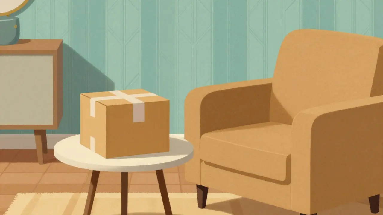 Stylized living room scene with a delivery package on a table
