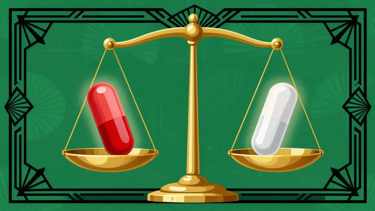 Symmetrical Art Deco graphic showing balanced scales with brand and generic pills, symbolizing equivalence.