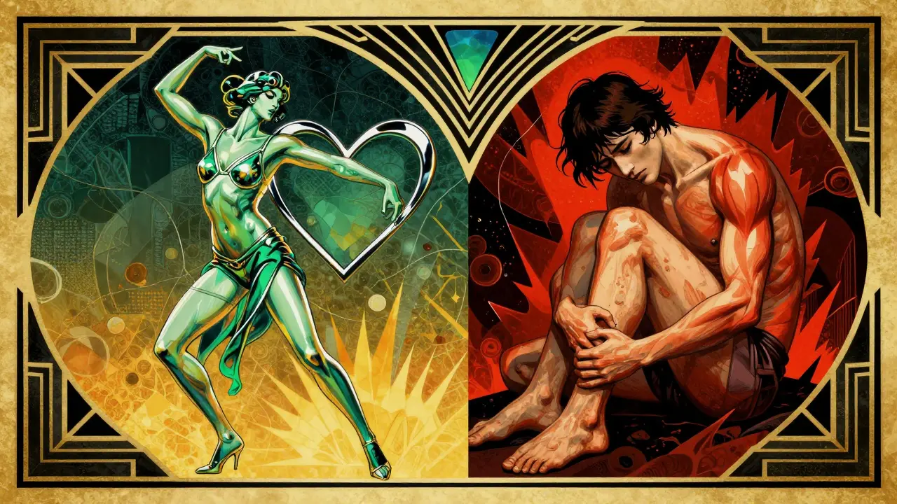 Art Deco art showing the contrast between heart health benefits and muscle pain side effects.